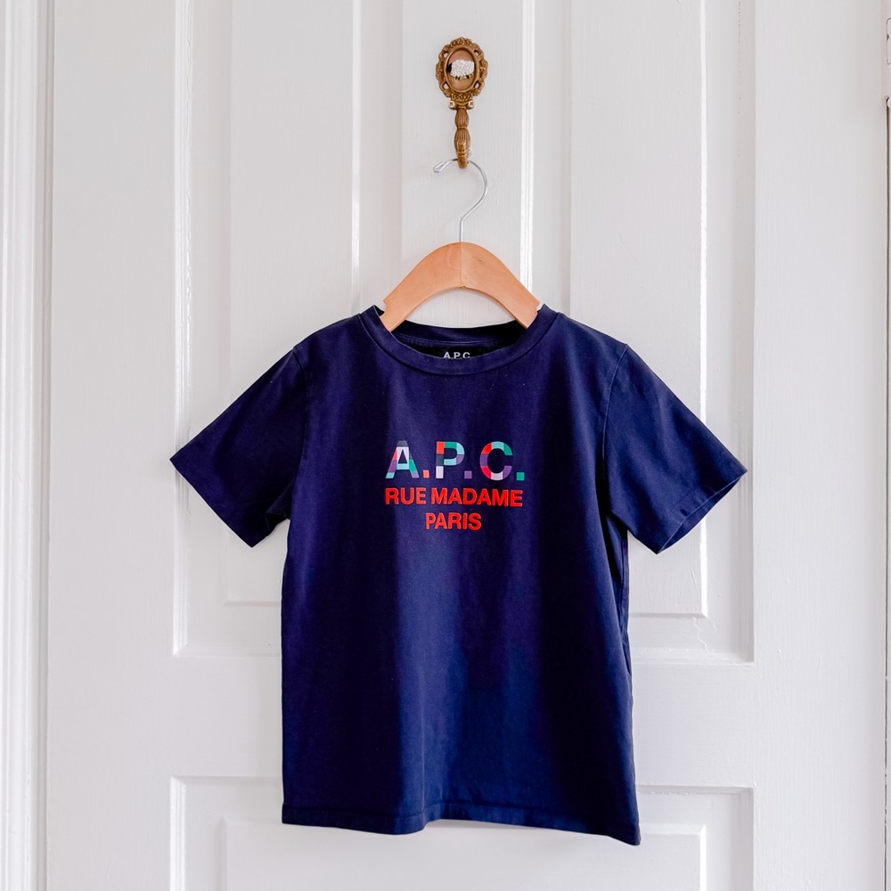 A.P.C. Navy Blue Logo Tee with Multicolor Text
